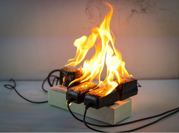 This image shows electrical equipment or power adapters that are dangerously on fire, creating flames and smoke while still connected to power cables.