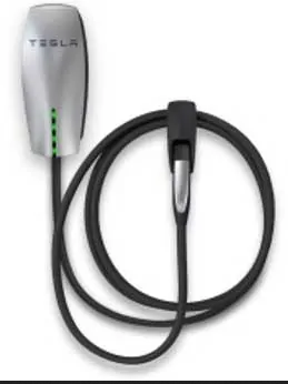 This image shows a Tesla electric vehicle charging cable with a white Tesla-branded connector and black charging cord.
