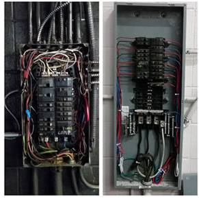 These images show two electrical panels - the left one appears to be an older panel with tangled wiring and multiple breakers, while the right one shows a newer, more organized electrical panel installation with neatly arranged circuit breakers and wiring.