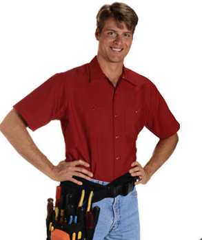 This image shows a smiling man in a red short-sleeved shirt and jeans wearing a tool belt with various tools, posed with his hands on his hips in a confident stance.