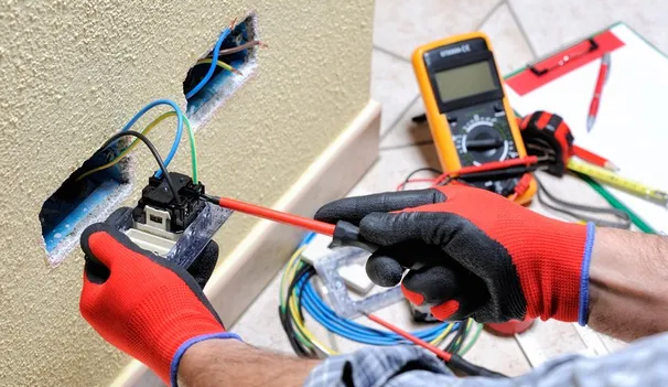 This image shows an electrician wearing red gloves using testing equipment and probes to work on electrical wiring and components, with a digital multimeter visible in the background.